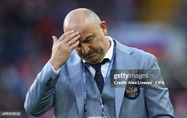 Stanislav Cherchesov head coach of Russia reacts after the FIFA Confederations Cup Russia 2017 Group A match between Russia and Portugal at Spartak...