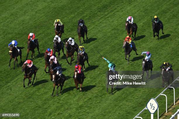 Jamie Spencer on board Con Te Partiro win the Sandringham Handicap Stakes on Day Two of Royal Ascot at Ascot Racecourse on June 21, 2017 in Ascot,...