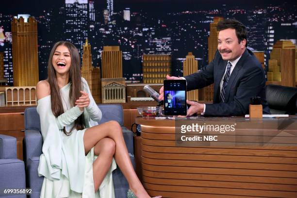 Episode 0696 -- Pictured: Singer/Actor Zendaya during an interview with host Jimmy Fallon June 20, 2017 --