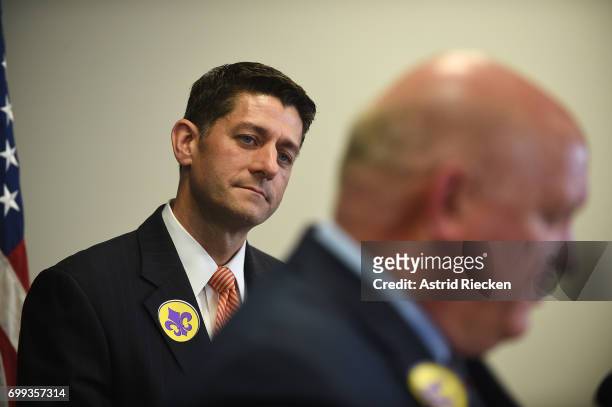 Congressman Glenn Thompson, R-PA, is watched by Speaker Ryan while speaking to the media on Capitol Hill in Washington, D.C., June 21 after their...