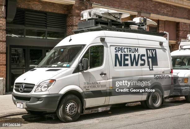 Spectrum TV News 1 satellite truck is parked on 16th Street near 10th Avenue in the Meatpacking District on June 9, 2017 in New York City. With a...