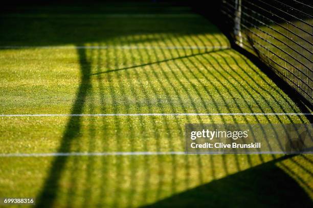 Detailed view as the sun sets on a grass court during day three of the 2017 Aegon Championships at Queens Club on June 21, 2017 in London, England.