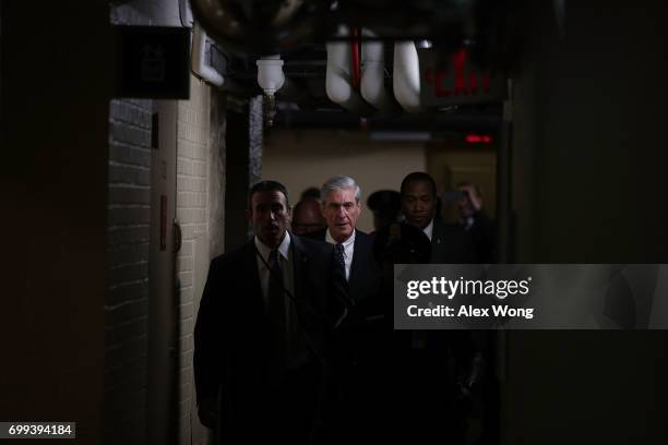 Special counsel Robert Mueller leaves after a closed meeting with members of the Senate Judiciary Committee June 21, 2017 at the Capitol in...