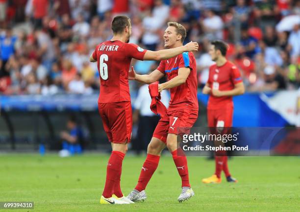 Michael Luftner of Czech Republic and Lukas Julis of Czech Republic celebrate after the UEFA European Under-21 Championship Group C match between...