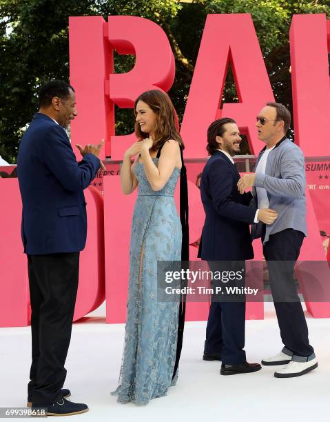 James, Lily James, Edgar Wright and Kevin Spacey attend the European Premiere of Sony Pictures "Baby Driver" on June 21, 2017 in London, England.