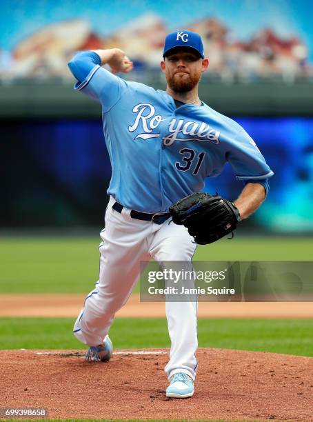 Starting pitcher Ian Kennedy of the Kansas City Royals warms up prior to the game against the Boston Red Sox at Kauffman Stadium on June 21, 2017 in...