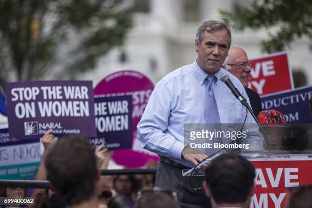 Senator Jeff Merkley, a Democrat from Oregon, speaks during a healthcare rally opposing the American Health Care Act bill on Capitol Hill in...