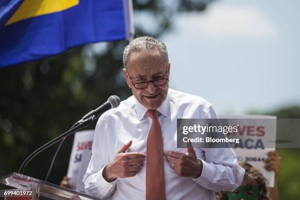 Senate Minority Leader Chuck Schumer, a Democrat from New York, speaks during a healthcare rally opposing the American Health Care Act bill on...
