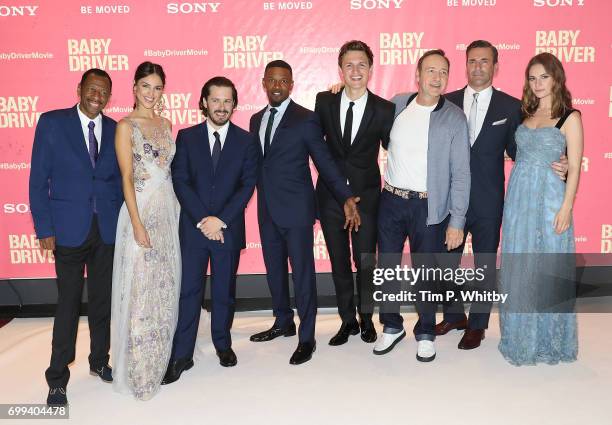 Jones, Eiza Gonzalez, Edgar Wright, Jamie Foxx, Ansel Engort, Kevin Spacey, Jon Hamm and Lily James attend the European Premiere of Sony Pictures...