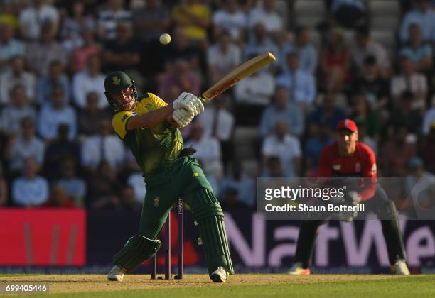 South Africa captain AB de Villiers plays a shot during the 1st NatWest T20 International match between England and South Africa at Ageas Bowl on...