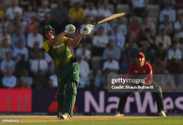 South Africa captain AB de Villiers plays a shot during the 1st NatWest T20 International match between England and South Africa at Ageas Bowl on...