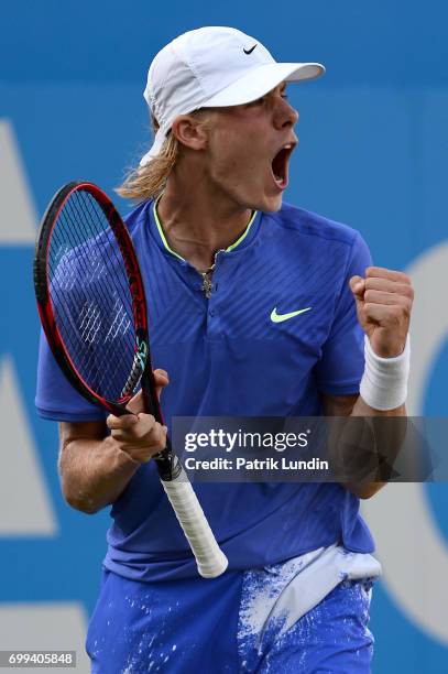 Denis Shapovalov of Canada celebrate during the 2nd round match against Tomas Berdych of the Czech Republic on day three at Queens Club on June 21,...