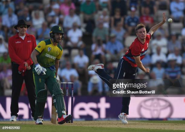 Mason Crane of England bowls during the 1st NatWest T20 International match between England and South Africa at Ageas Bowl on June 21, 2017 in...