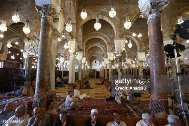 Muslim worshipers gather at Al-Zaytuna Mosque as they observe Laylat Al-Qadr in the Muslim holy fasting month of Ramadan in Tunis, Tunisia on June...