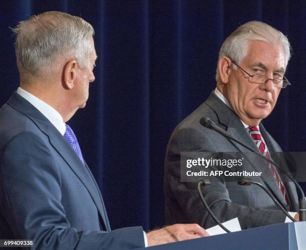 Secretary of Defense Jim Mattis and US Secretary of State Rex Tillerson conduct a two question press conference after meeting with Chinese State...