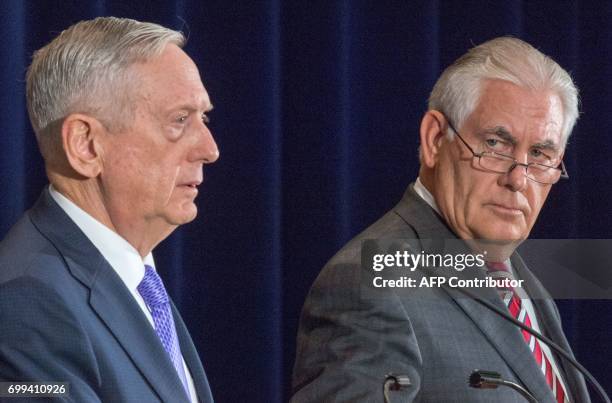 Secretary of Defense Jim Mattis and US Secretary of State Rex Tillerson conduct a two question press conference after meeting with Chinese State...