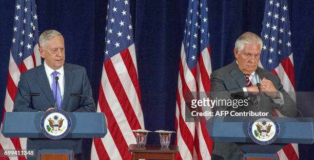 Secretary of Defense Jim Mattis and US Secretary of State Rex Tillerson conduct a two question press conference after meeting with Chinese State...