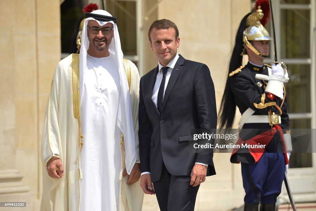 French President Emmanuel Macron Receives Abu Dhabi's Crown Prince Sheikh Mohammed Bin Zayed Al Nahyan At Elysee Palace