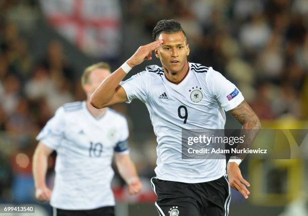 Davie Selke of Germany celebrates scoring his sides first goal during the UEFA European Under-21 Championship Group C match between Germany and...