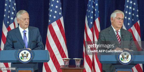 Secretary of Defense Jim Mattis and US Secretary of State Rex Tillerson conduct a two question press conference after meeting with Chinese State...