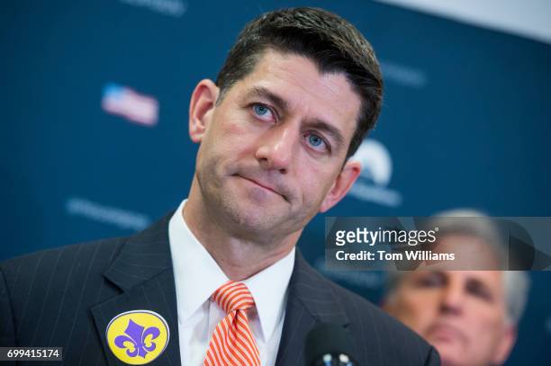 Speaker of the House Paul Ryan, R-Wis., conducts a news conference in the Capitol after a meeting of the House Republican Conference on June 21,...