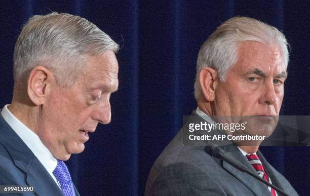 Secretary of Defense Jim Mattis and US Secretary of State Rex Tillerson conduct a two question press conference after meeting with Chinese State...