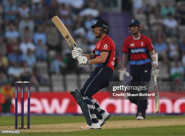 Jonny Bairstow of England plays a shot during the 1st NatWest T20 International match between England and South Africa at Ageas Bowl on June 21, 2017...