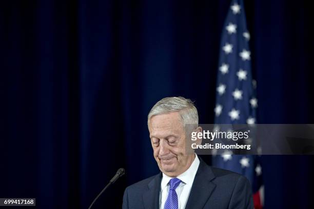 James Mattis, U.S. Secretary of defense, pauses while speaking during a news conference with Rex Tillerson, U.S. Secretary of State, not pictured,...