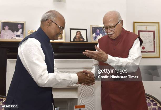 Presidential candidate Ram Nath Kovind meeting with BJP leader LK Advani at Advani's residence on June 21, 2017 in New Delhi, India.