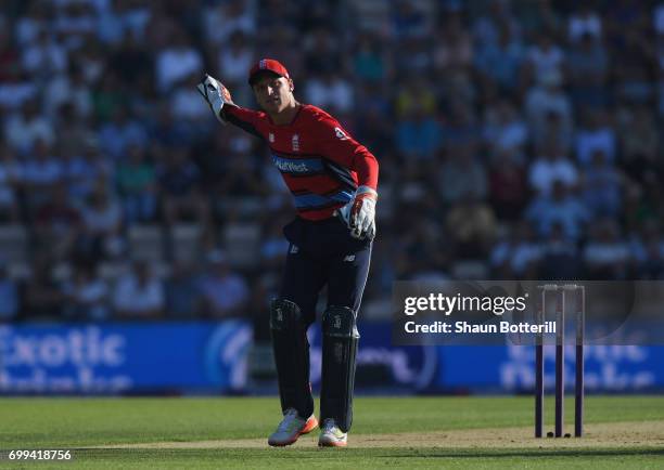 Jos Buttler of England fields the ball during the 1st NatWest T20 International match between England and South Africa at Ageas Bowl on June 21, 2017...