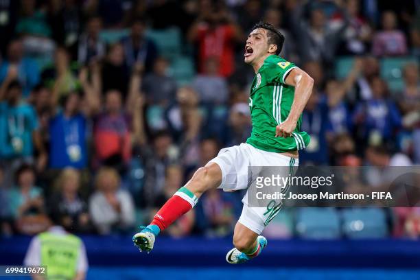 Raul Jimenez of Mexico celebrates his goal during the FIFA Confederations Cup Russia 2017 group A football match between Mexico and New Zealand at...
