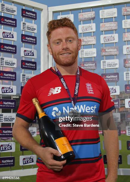 Jonny Bairstow of England with his Man of the Match award after the 1st NatWest T20 International match between England and South Africa at Ageas...