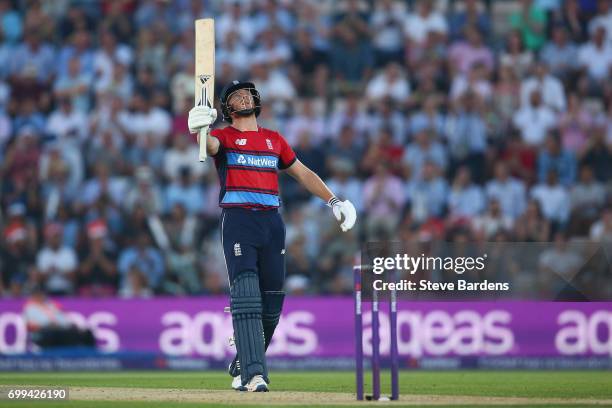 Jonny Bairstow of England celebrates his half century during the 1st NatWest T20 International match between England and South Africa at Ageas Bowl...