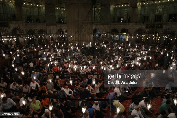 Muslim worshipers gather at the Sultanahmet mosque on Laylat Al-Qadr in the Muslim's holy fasting month of Ramadan in Istanbul, Turkey on July 21,...
