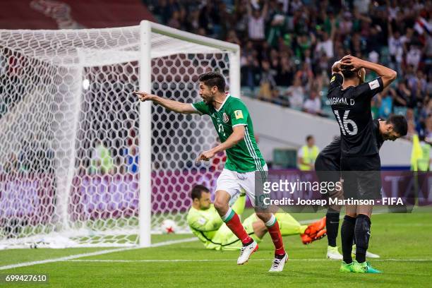 Oribe Peralta of Mexico celebrates his goal during the FIFA Confederations Cup Russia 2017 group A football match between Mexico and New Zealand at...