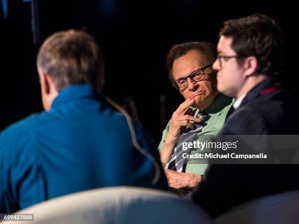 Larry King hosts a discussion with Russian cosmonaut Andrei Borisenko during the Starmus Festival on June 21, 2017 in Trondheim, Norway.