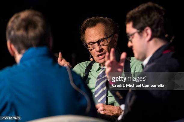 Larry King hosts a discussion with Russian cosmonaut Andrei Borisenko during the Starmus Festival on June 21, 2017 in Trondheim, Norway.
