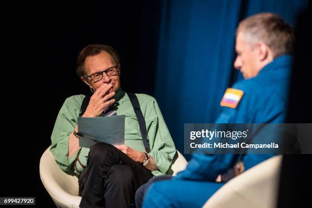 Larry King hosts a discussion with Russian cosmonaut Andrei Borisenko during the Starmus Festival on June 21, 2017 in Trondheim, Norway.