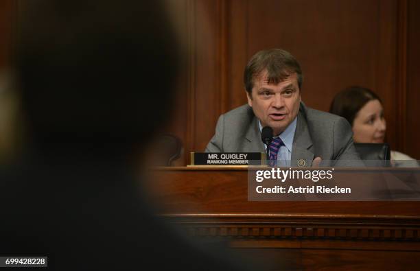 Rep. Mike Quigley speaks to OMB Director Mick Mulvaney during testimony before the House Committee on the U.S. President Donald Trump's budget on...