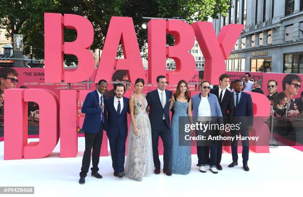 Jones, Edgar Wright, Eiza Gonzalez, Jon Hamm, Lily James, Kevin Spacey, Ansel Elgort and Jamie Foxx attend the European premiere of "Baby Driver" on...