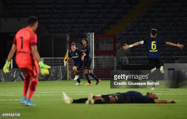 Elia Visconti of FC Internazionale celebrates after scoring goal 2-3 during the U17 Serie A Final match between Atalanta BC and FC Internazionale on...