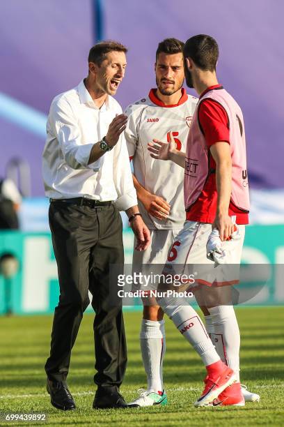 Coach Blagoja Milevski , Egzon Bejtulai , Aleksa Amanovic during the UEFA European Under-21 Championship Group C match between Czech Republic and...