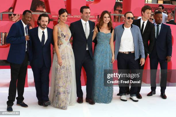 Jones, Edgar Wright, Eiza Gonzalez, Jon Hamm, Lily James, Kevin Spacey, Ansel Elgort and Jamie Foxx attend the European premiere of "Baby Driver" on...