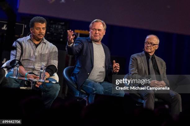 Neil deGrasse Tyson, Eugene Kaspersky, and Finn Kydland participate in a roundtable discussion during the Starmus Festival on June 21, 2017 in...