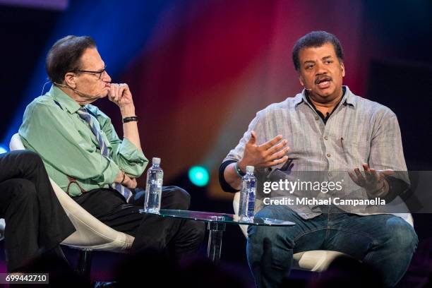 Larry King and Neil deGrasse Tyson participate in a roundtable discussion during the Starmus Festival on June 21, 2017 in Trondheim, Norway.