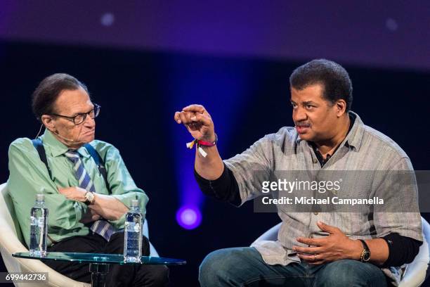 Larry King and Neil deGrasse Tyson participate in a roundtable discussion during the Starmus Festival on June 21, 2017 in Trondheim, Norway.