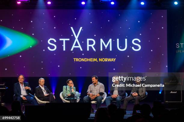 Oliver Stone, Chris Pissarides, Larry King, Neil deGrasse Tyson, Eugene Kaspersky, and Finn Kydland participates in a roundtable discussion during...