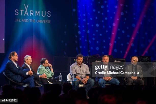 Oliver Stone, Chris Pissarides, Larry King, Neil deGrasse Tyson, Eugene Kaspersky, and Finn Kydland participates in a roundtable discussion during...