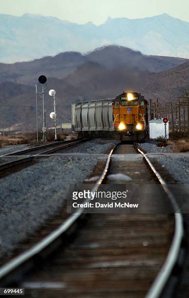 Train travels west along the primary proposed route for transporting radioactive waste by rail February 7, 2002 of Las Vegas, NV. Radioactive waste...