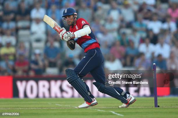Alex Hales of England plays a shot during the 1st NatWest T20 International match between England and South Africa at Ageas Bowl on June 21, 2017 in...